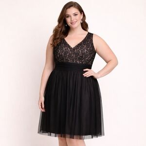 London Times Black Lace‎ and Tulle with nude underlay V Neck both sides